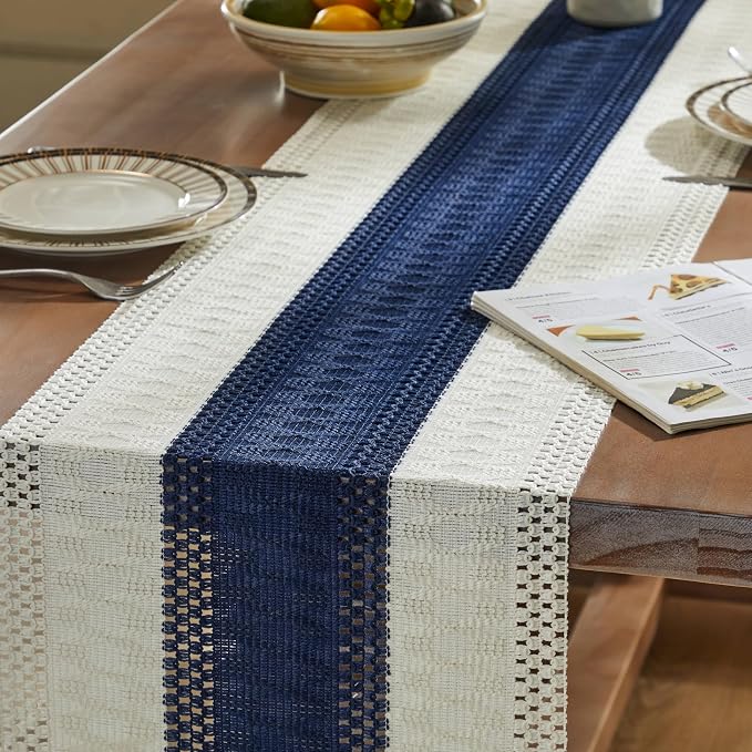 Macrame Style Bicolor Stitching Table Runner 14x60in Navy Blue | Woven Boho - Image 5