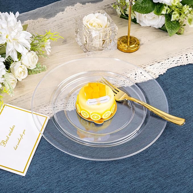 FLOWERCAT 200PCS Clear Plastic Plates Disposable Plates for Party - Heavy Duty Plastic Plates - 100 10" Dinner Plates and 100 7" Salad Plates for Weddings, New Year,Christmas Parties and Events