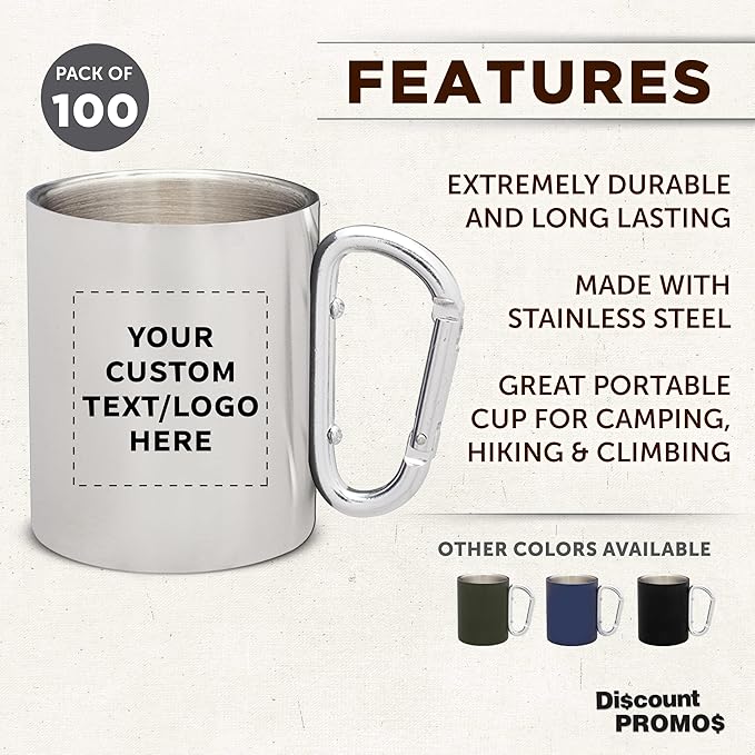 Custom Stainless Steel Mugs with Carabiner Handle 10 oz. Set of 100, Personalized Bulk Pack - Perfect for Coffee, Soda, Other Hot & Cold Beverages - Silver