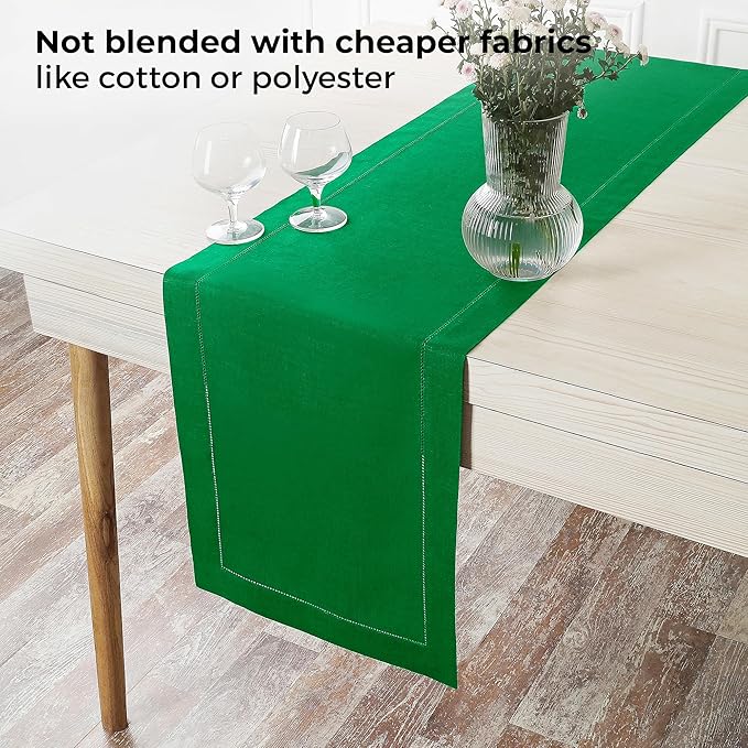 D'Moksha Homes Linen Kelly Green Table Runner 132 Inches Long - 100% Pure Linen Extra Long Table Runner 14 x 132 Inch for St Patricks Day, Easter - Classic Hemstitch