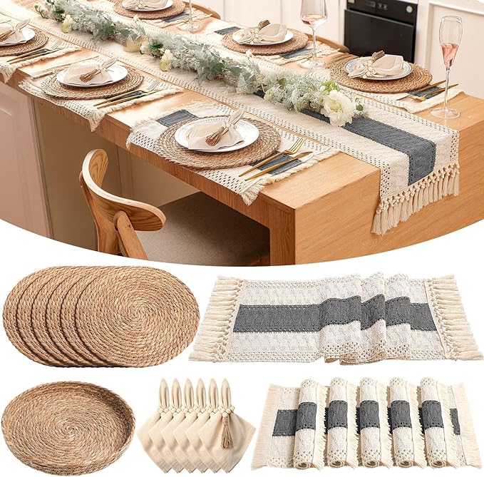 6 Sets Boho Decoration Placemats Round Woven Placemats, Cloth Napkins, Wood by Gandeer