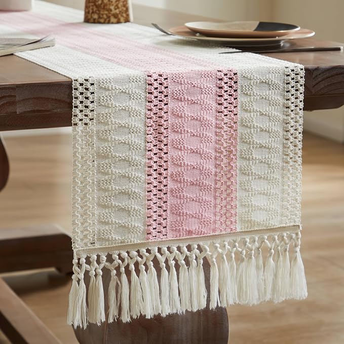 Macrame Style Bicolor Stitching Table Runner 14x108in Light Pink | Woven Boho - Image 7
