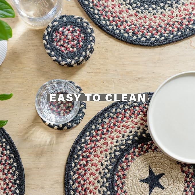 Homespice Primitive Star Gloucester Jute Braided Oval Placemats, Warm Primitive Decor, Set of 6, 13x19 Black and Red Table Mats - Vibrant Colors, Durable, Easy to Clean and Protects Furniture
