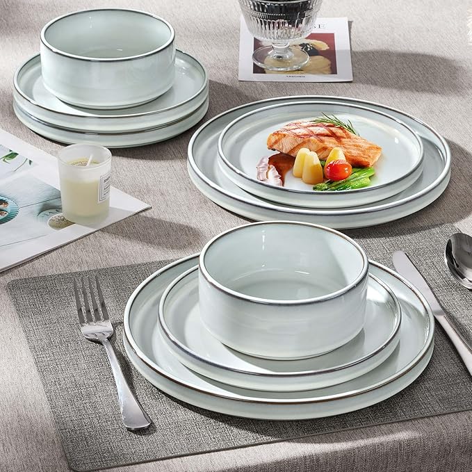 Herogo Plates and Bowls Dinner Dishes Sets for 6, 18 Pieces Ceramic Stoneware Dinnerware Set, Rustic Terracotta Bottom, Dishwasher & Microwave Safe, Icy White