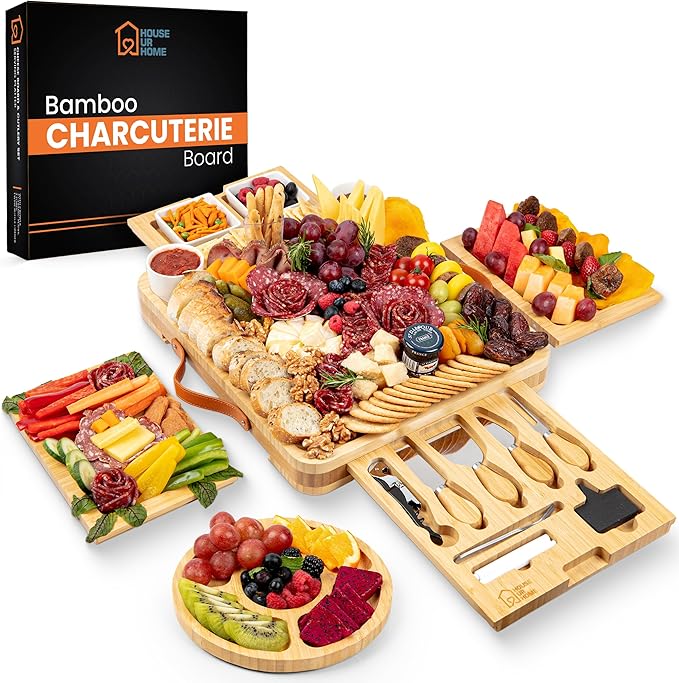 Bamboo Charcuterie Board Set - Large Cheese Platter with Knives & Bowls - Valentine’s Day Gift for Her, Mom or Girlfriend - Great Wedding, Housewarming & Birthday Gift Idea