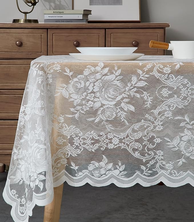 Warm Home Designs 60 x 120 Lace Tablecloth. Ivory Rectangle Tablecloth with English Rose Design. Rectangular Tablecloth, Rustic Tablecloth or Dining Table Cover for 10-12 Guests. LTC Ivory 120"