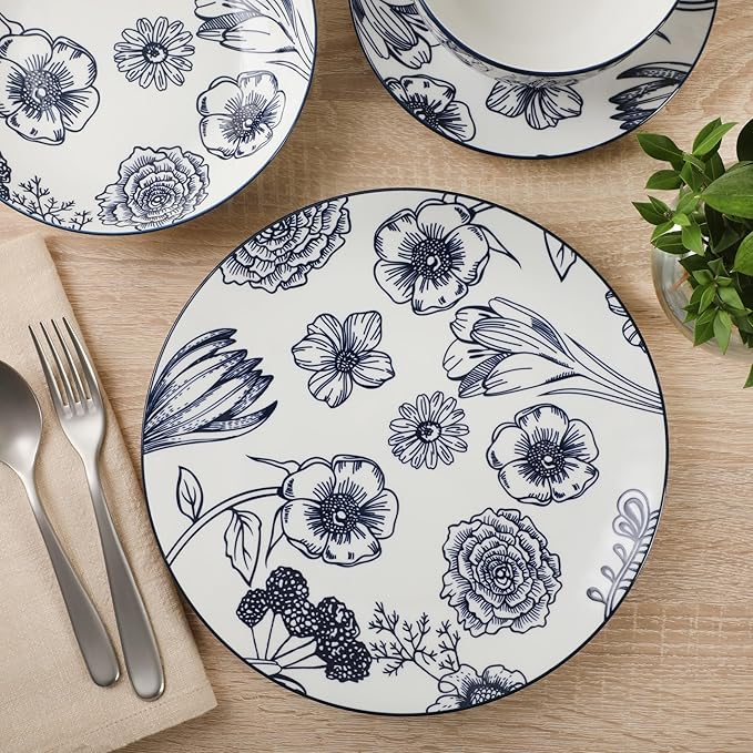Gibson Home Westerly Court 16-Piece Dinnerware Set, Blue Floral Stoneware Plates & Bowls, Service for 4, Round Durable Everyday Dish Set