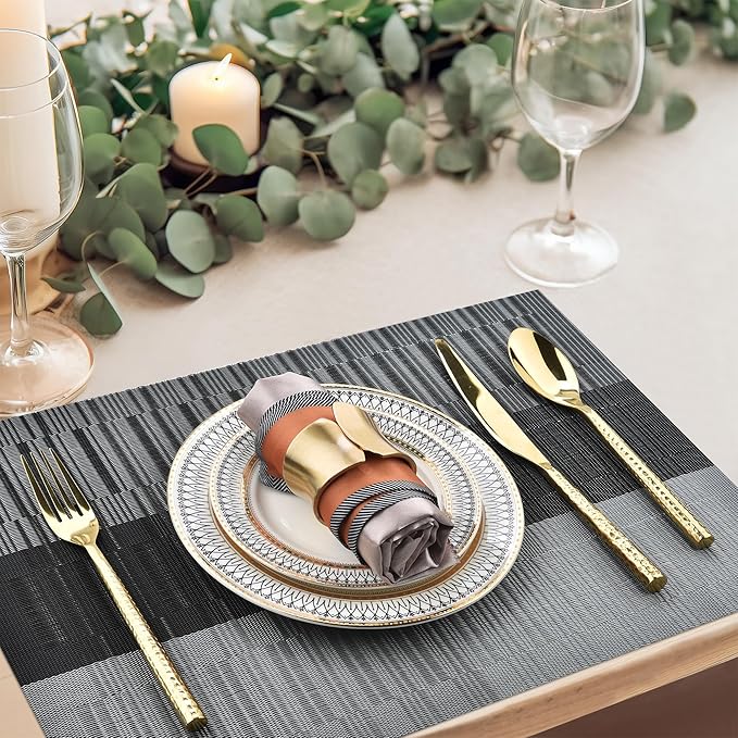 SLKQG Placemats Set of 6 - Easy Clean Washable Vinyl Placemats - Heat Resistant PVC Place Mats for Dining Table (Black and Gray, 6)