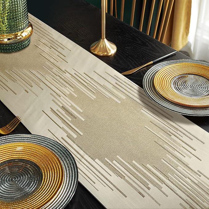 Luxury Beige Table Runner 98 Inches Long, Modern Abstract Geometric Lines | - Image 5