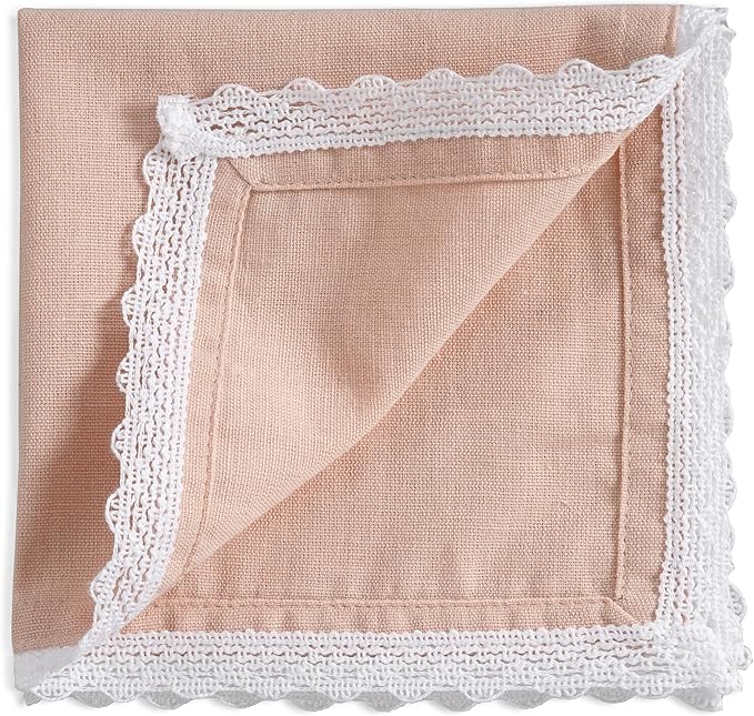 Fingercraft Dinner Cloth Napkin Cotton Linen Blend 12 Pack Mitered Corners with Elegant Lace for Everyday Use Napkins are Pre Shrunk and Good Absorbency (Pink, 12in x 12in)