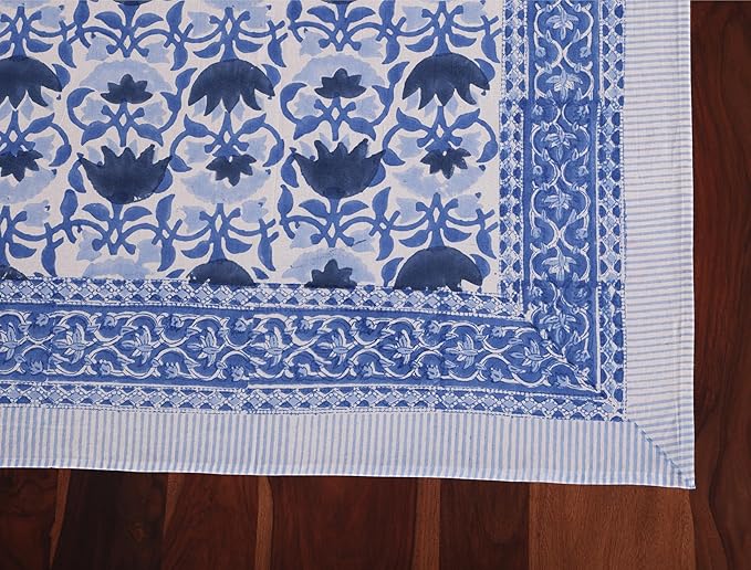 ATOSII Positano Blue 100% Cotton Rectangle Fall Tablecloth, Handblock Floral Linen Table Cloth for Dining Table I Parties Christmas Thanksgiving Grand Millennial Home Decor 72 X 108 Inches I 8 Seater