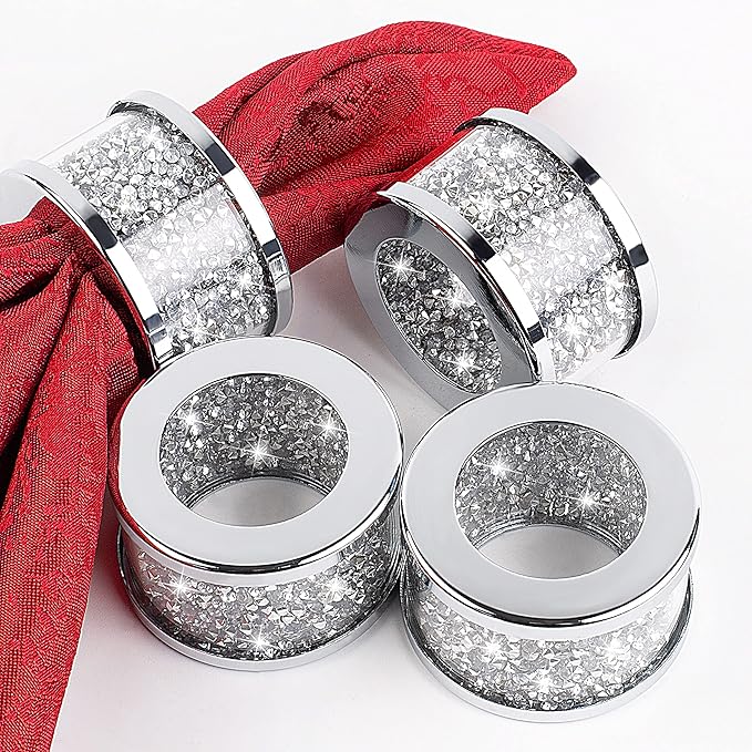 SHYFOY Silver Diamond Napkin Ring Glass Framed, Crystal Dinning Cloth Rings Set of 4 Piece, Glam Serviette Buckle Cloth Holder Sparkle Bling Crushed Diamond Table Decor Accessories