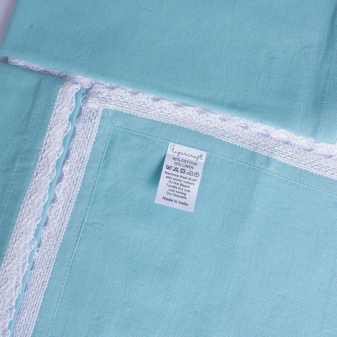 FINGERCRAFT Dinner Cloth Napkin Cotton Linen Blend 4 Pack Mitered Corners with Elegant Lace for Everyday Use Napkins are Pre Shrunk and Good Absorbency Sky Blue
