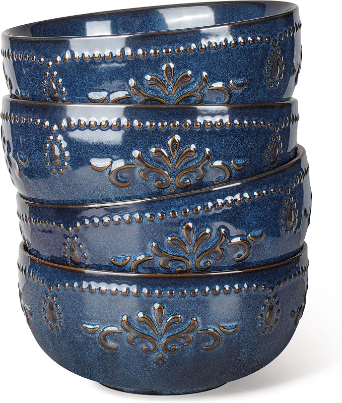 Soup Bowls 32 OZ, Cereal Bowls Set of 4, Embossment Ceramic Ramen Bowls by Artena
