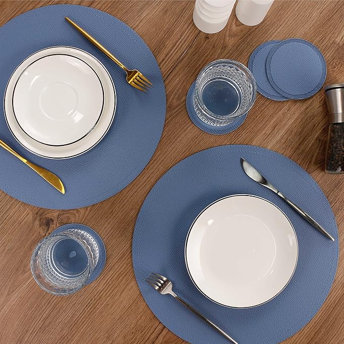 Jovono Set of 6 Faux Leather Round Placemats and Coasters, Coffee Mats Kitchen Table Mats, Waterproof, Easy to Clean for Kitchen Dining Round Table