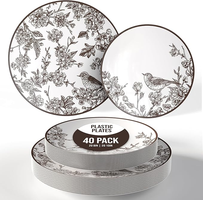 Trendables Disposable Dinnerware Sets Vintage Plates Plastic Disposable Plates Set For 20 Guests 20 x 8 Inch Dessert Plate & 20 x 10 Inch Wedding Plates & Party Plates Rustik