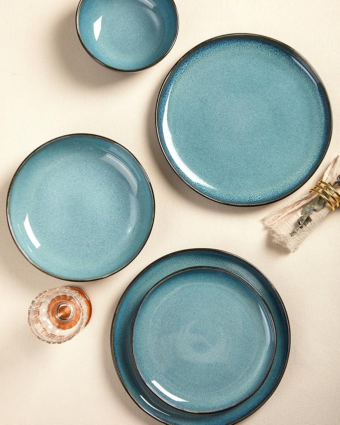 Plates and Bowls Sets, 16 Pieces Dinnerware Set for 4 with Pasta Bowls, Handmade Dishes Set, Chip Resistant Dishware Sets, Microwave Safe Dinner Set, Designed for Interactive Meals, Green Black