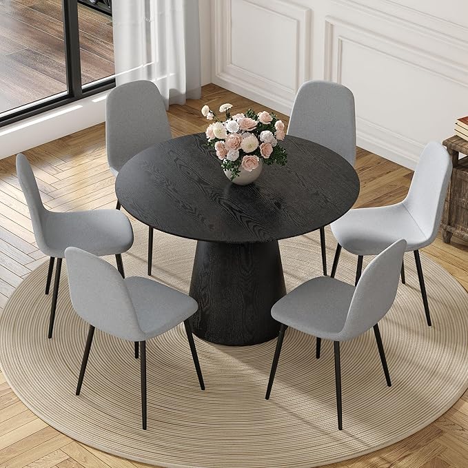 Round Dining Table Set for 6, 45" Modern Faux Marble Kitchen Table and Upholstered Chairs, 7 Piece Circle Dinner Set for Dining Room, Kitchen (Black Set)