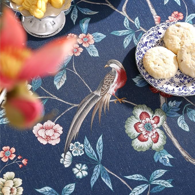 patdrea Designer Dark Blue Linen Rectangle Tablecloth,Vintage Navy French Floral and Birds Pattern Table Cloth,Decoration Table Cover for Kitchen,Dining,Tea Party,Home,Christmas,55"*71"