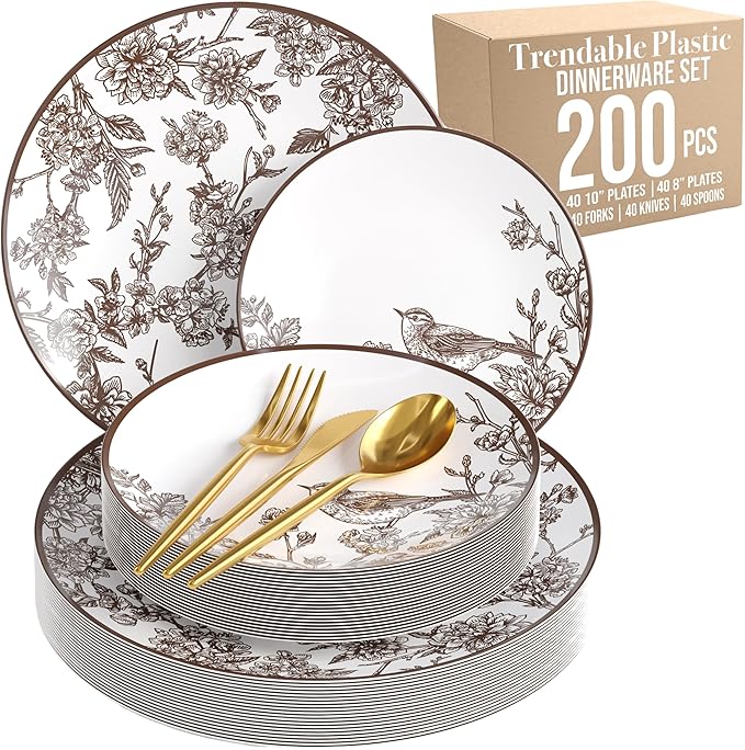 Trendables Fancy Plastic Dinnerware Sets 200 Pc Set 40 Guests Gold Silverware Disposable 40 X 10 Inch Charger Plates 40 X 8 Inch Dessert Plates 40 x Gold Plastic Forks and Spoons Knives In Rustik