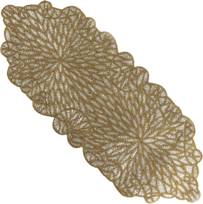 Gold Beaded Table Runner, 13x36 | 85% glass beads, 15% polyester backing by CLEENTABLE