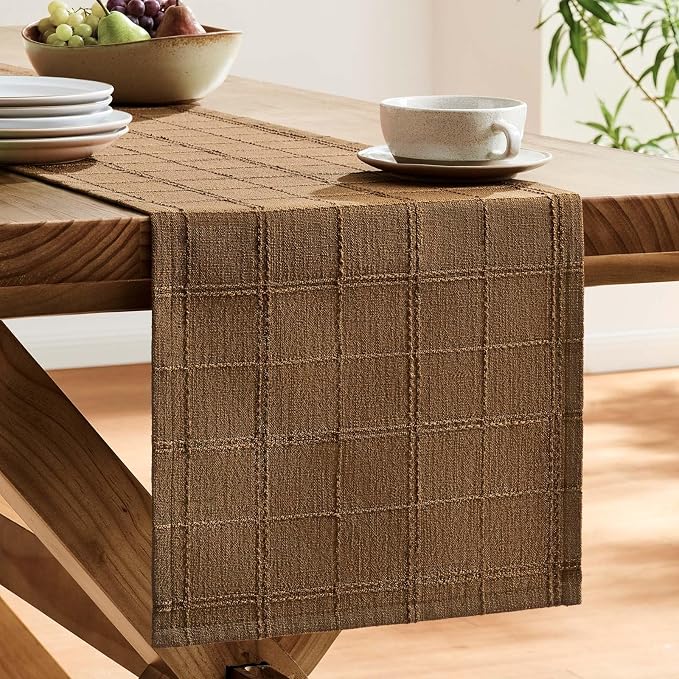 Linen Checked Farmhouse Table Runner, 13x108 Inches Roasted Brown | Raised Grid - Image 4