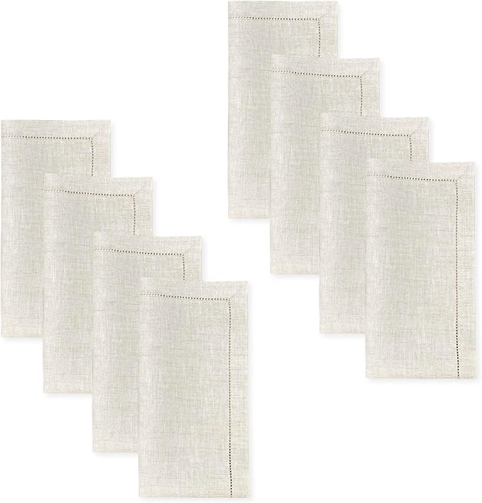 D'Moksha Homes Light Natural Linen Napkins Set of 8 - Classic Hemstitch 100% Pure Linen Hemstitch Dinner Napkins 20 x 20 Inch for Valentines, Spring, Easter - Handcrafted and Machine Washable
