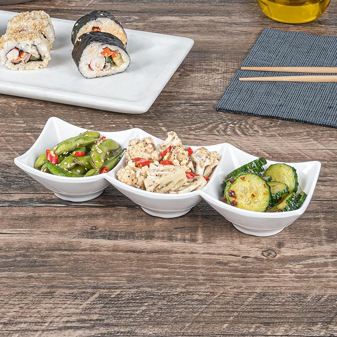 Restaurantware Voga 8.5 Ounce Divided Serving Dishes 10 Square Condiment Serving Dishes - 3 Compartments Serve Appetizers Snacks Dips Or Dressings White Melamine 3 Compartment Dishes