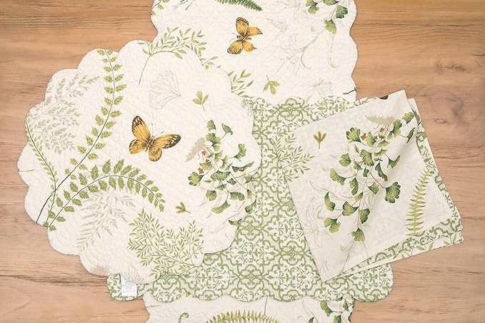 C&F Home 13" x 19" Althea Rectangular Scalloped Edge Cotton Quilted Placemats, Set of 6 Spring Springtime Butterfly Dragonfly Plants Fern Greenery Nature Tabletop Décor Decoration S/6 Rectangular