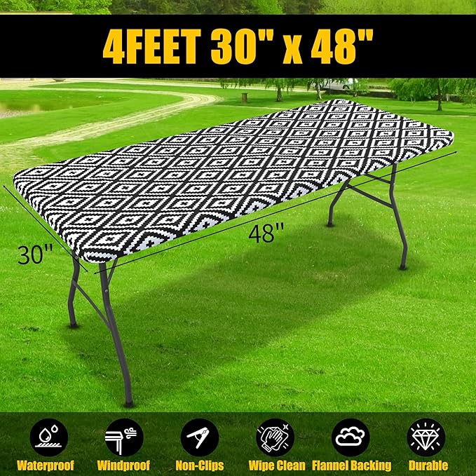 Smiry Rectangle Table Cloth Cover, Waterproof Elastic Fitted Picnic Tablecloth for 4 Foot Tables, Wipeable Flannel Backed Vinyl Tablecloths for Camping, Dining, Outdoor (Black, 30" x 48")