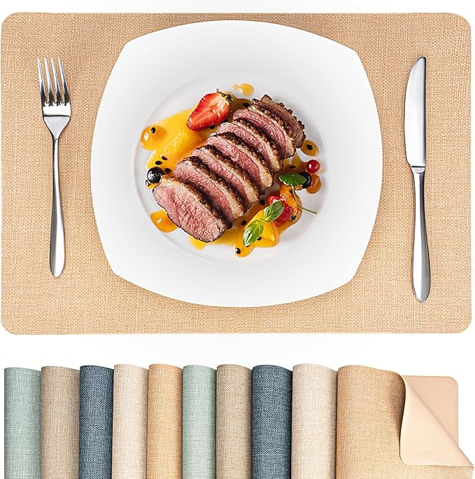 Heat Resistant Placemats Set of 4, 17x12in Waterproof Wipeable Faux Leather Non Slip Table Mats, Easy to Clean, Stain Resistant, for Kitchen Dining Room-– Warm Tan