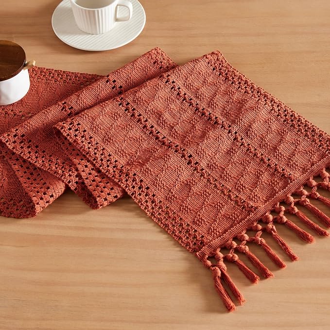 Macrame Style Boho Table Runner, 12x36 Inch Rust | Woven Boho Table Runner by ZEEMARTONLINE