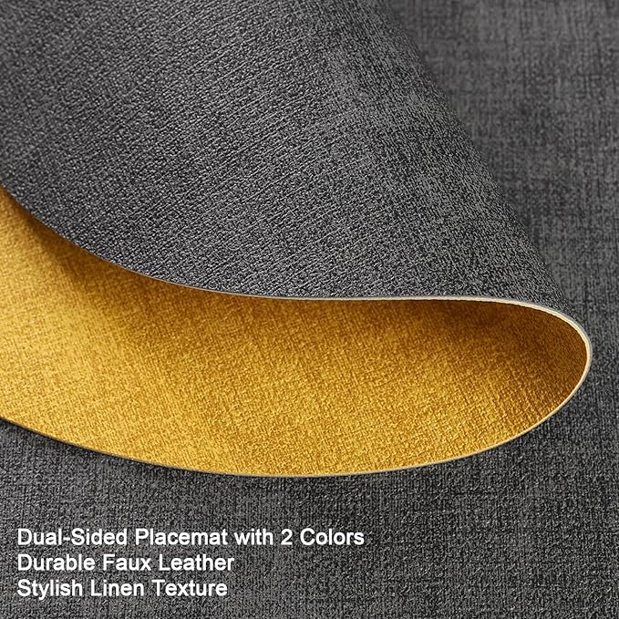 Myir JUN Round Placemats Dual Sided, Faux Leather Place Mats Set of 4 Indoor Placemats for Dining Table Outdoor Placemats Non-Slip Washable Table Mats (Set of 8, Gray Yellow)