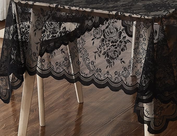 Warm Home Designs 54 x 72 Lace Tablecloth. Black Rectangle Tablecloth with English Rose Design. Rustic Table Cover for 6-8 Guests. LTC Black 72"