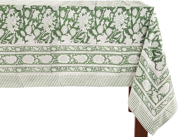 ATOSII Meraki Green 100% Cotton Fall Tablecloth, Handblock Print Rectangle Table Cover for Kitchen Dining Linen I Parties, Thanksgiving, Christmas, Wedding, Table Cloth I 72 X 108 Inches I 8 Seater