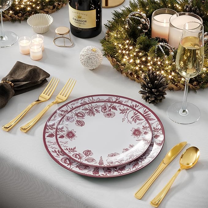 Trendables Disposable Plates For Party Supplies | Burgundy Floral Plastic Plates For Wedding 200 Pcs - 100 X 8 & 100 X 10 Dinner Plate Sets | Floral Plate Set Disposable Plastic Dinnerware Sets
