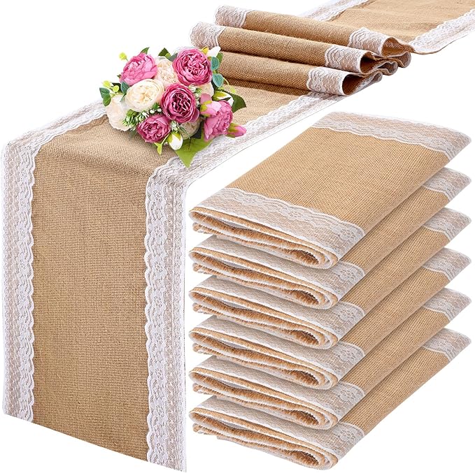 Tatuo 6 Pcs Lace Burlap Table Runner 12'' x 72'' Rustic Jute Hessian Farmhouse by Tatuo