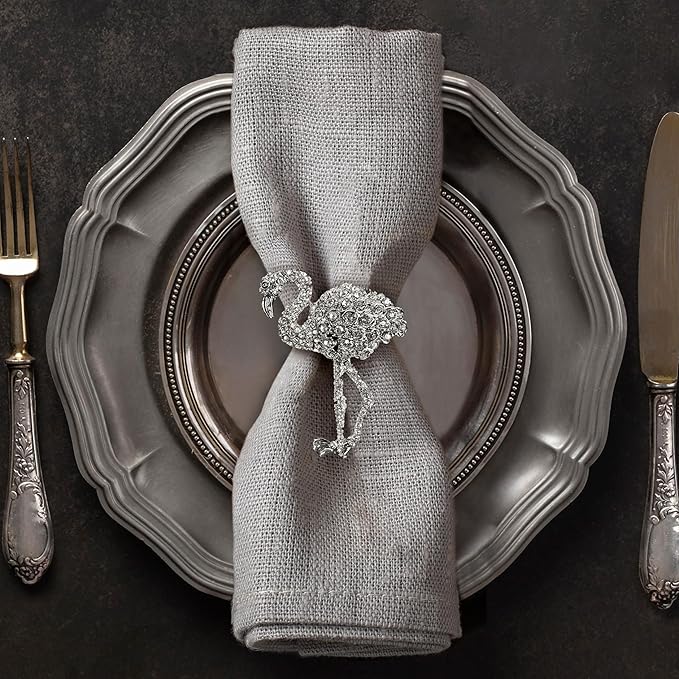 Decozen Set of 4 Silver Napkin Rings in Flamingo Design Festive Table Decor Setting for Holiday Wedding, Birthday, Kitchen, Home Decor Housewarming Gift - Mothers Day Decorations