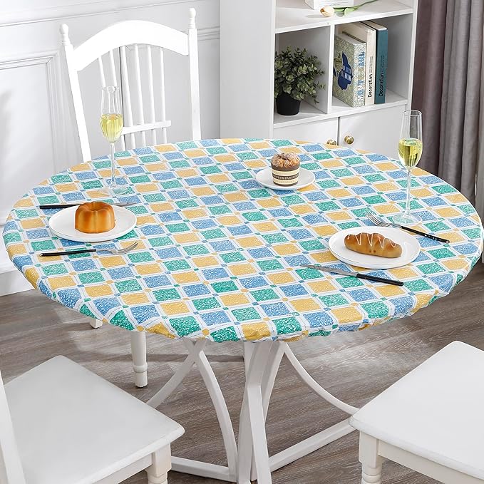 Walrus Round Vinyl Fitted Tablecloth with Flannel Backing Elastic Edge Design Table Cover Waterproof Oil-Proof PVC Table Cloth Stain-Resistant Best for 57"-66" Round