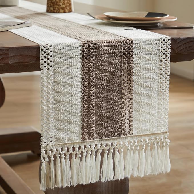 Macrame Style Bicolor Stitching Table Runner 14x60in Cocoa Brown | Woven Boho - Image 7