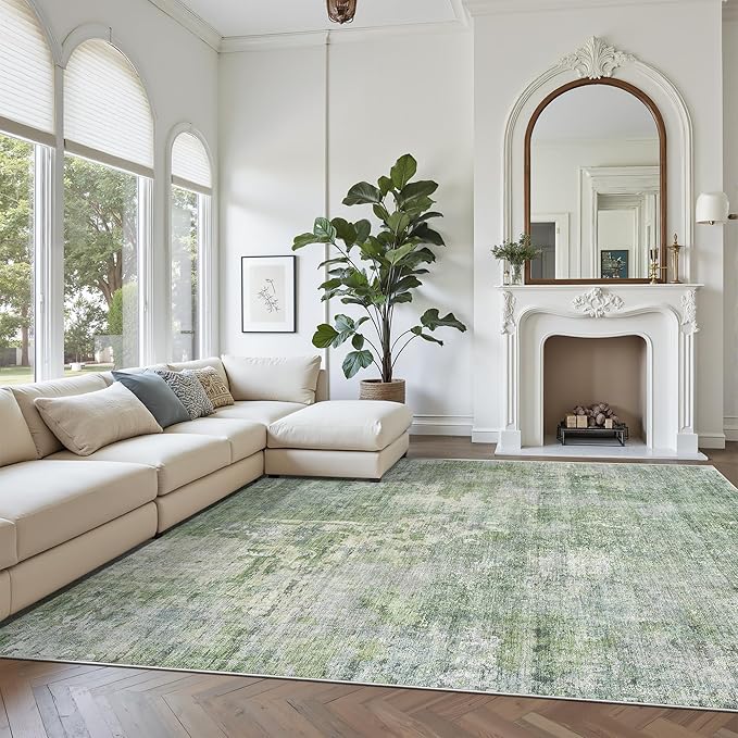 Abstract Rug 8x10 Large Living Room Rugs Neutral Modern Washable Area Rugs for Bedroom Dining Room Non-Slip Stain Resistant Foldable Thin Rug Green