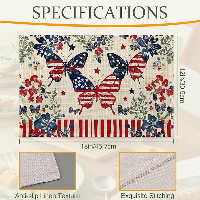 Independence Day Cloth Placemats,American Butterfly Flowers Heat-Resistant Table Placemats Set of 6, Washable Linen Place Mats for Dining Room Table Decor Home Restaurant Cafes Party 11.8x17.7 Inch