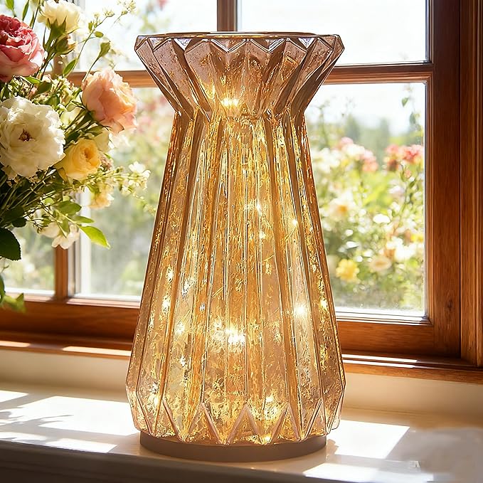 Home Decor, Mercury Glass Pillar Candle Pedestal Holders with led Lights, Lighted up Candle Holder for Pillar Candle, Glass Candlestick Holders with Timer for Wedding Dining Table Xmas (Rosegold)