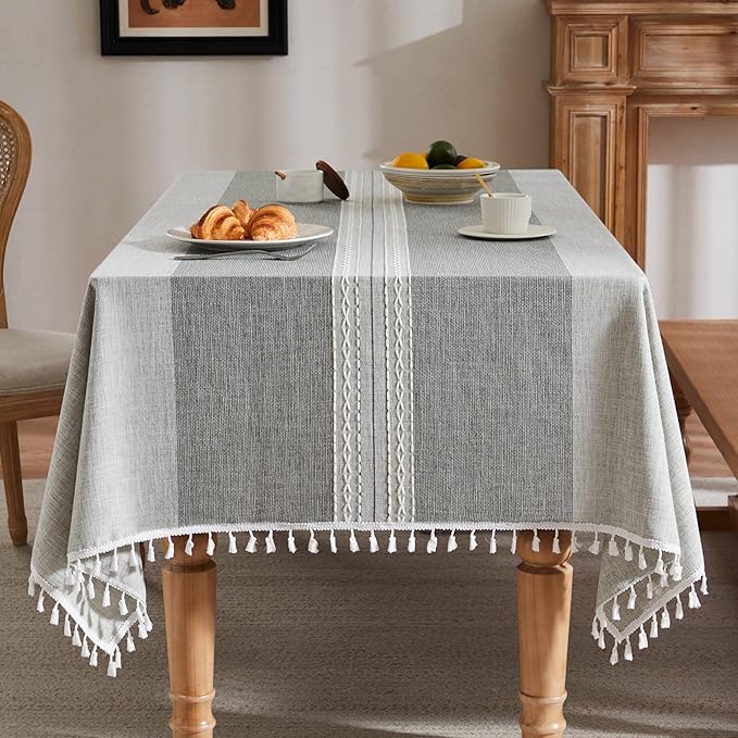 ZeeMart Contrast Linen Table Cloth Rectangle Table Cloths 60x120 Inch Mid-Stripe Grey, Farmhouse Style Heavy Weight Grey Tablecloth, Water Resistant Burlap Tablecloths