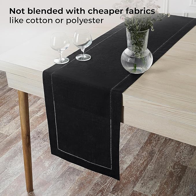 D'Moksha Homes Linen Black Table Runner 132 Inches Long - 100% Pure Linen Extra Long Table Runner 14 x 132 Inch for Spring, Easter - Classic Hemstitch