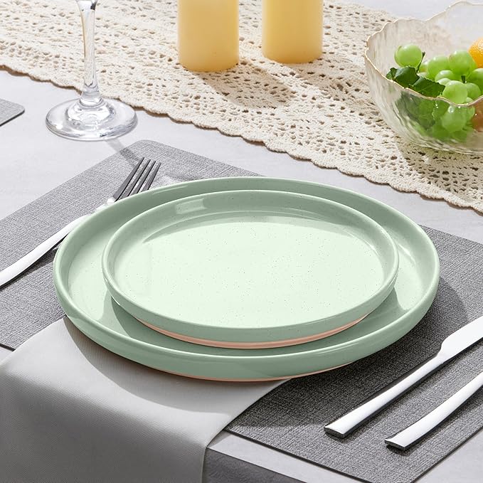 LIANYU Stoneware Dinner Plates Set of 6, 7.75’’ Ceramic Salad Plates for Dessert, Appetizer, Salad, Steak, Pizza, Round Serving Dishes for Kitchen, Microwave, Oven & Dishwasher Safe, Fog Green