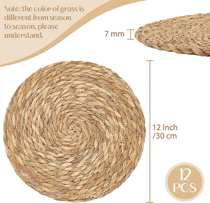 Aneco 12 Pack 12-Inch Round Woven Placemats Natural Hand-Woven Boho Rattan Wicker Bulrush Placemat Farmhouse Rustic Braided Table Mats for Dining & Kitchen Decor