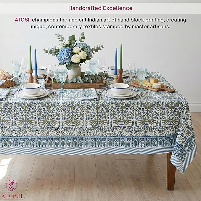 ATOSII Nargis Blue 100% Cotton Rectangle Summer Tablecloth, Indian Block Print Floral Table Cloth I Dining Parties Weddings Outdoors Holidays 60 X 60 Inches 4 Seater I Grandmillennial Farmhouse Boho
