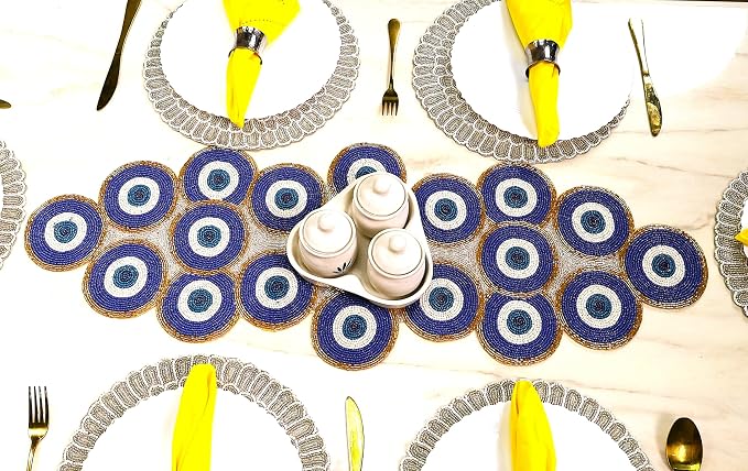 Beaded Table Runner 13x36 Inch Blue Gold Multi Evil Eye Handmade Decorative - Image 5