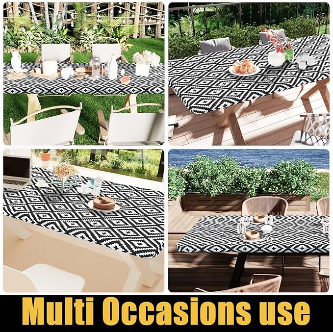 Smiry Rectangle Picnic Table Cloth, Waterproof Elastic Fitted Outdoor Tablecloths for 6 Foot Tables, Wipeable Flannel Backed Vinyl Table Cover for Camping, Dining and Indoor (30"x72", Black)